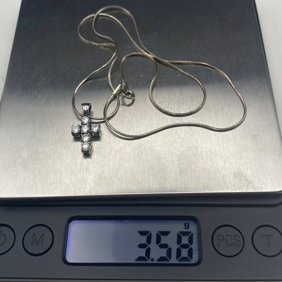 Vintage Sterling Silver 925 Necklace Cross Prong Set CZ .75" Pendant 18" 3.58g - Picture 8 of 9